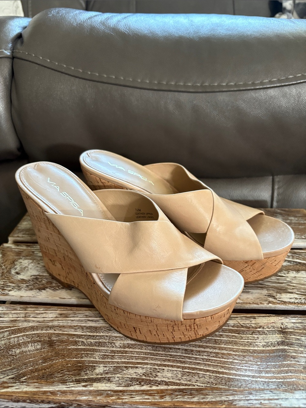 Via Spiga Beige Leather Cork Wedge Sandals